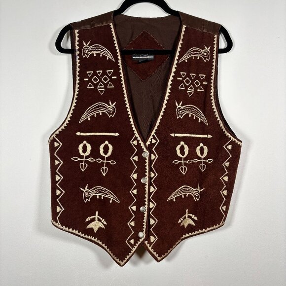 Vintage Western Suede Embroidered Vest Brown Cream Boho Ranch Cowgirl Size Large - Picture 2 of 6